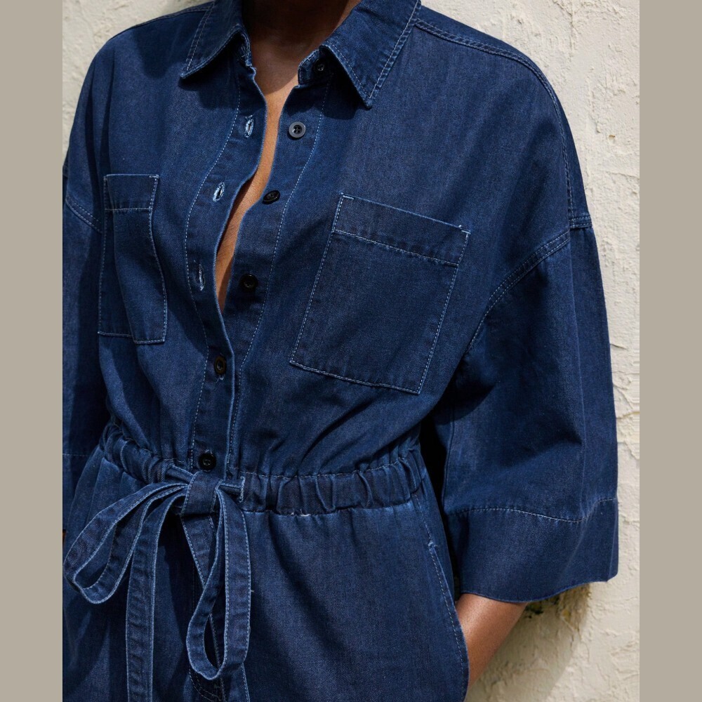 Navy Denim Jumpsuit with Drawstring Waist - Picture 3 of 7